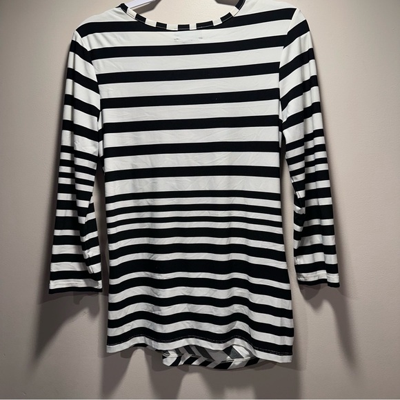 3x25* Investments Blue Floral Top B&W Stripes Size Small Stretchy & Elegant - Picture 8 of 15